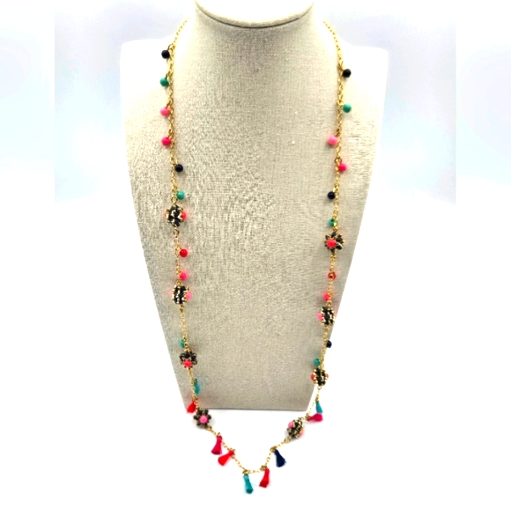 TALBOTS Statement Necklace Gold Tone Colorful Beads & Tassles